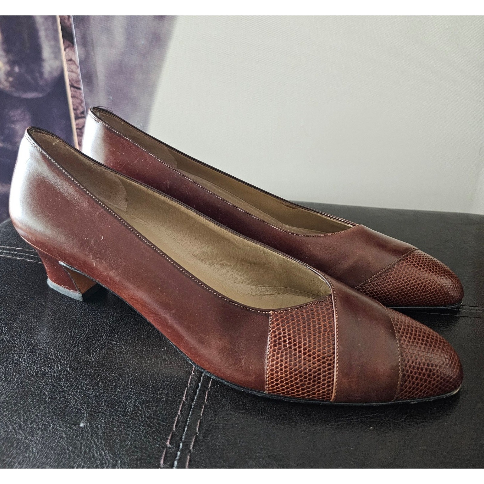 Salvatore Ferragamo Brown Leather Lizard Embossed Pumps Low Heel 9 Aaaa Italy